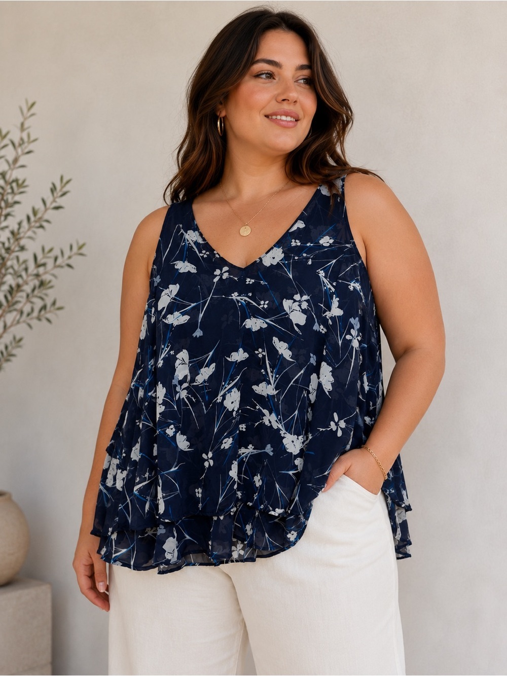 Lane Bryant Floral Layered Sleeveless Blouse Navy Blue Sheer Lined size 22
